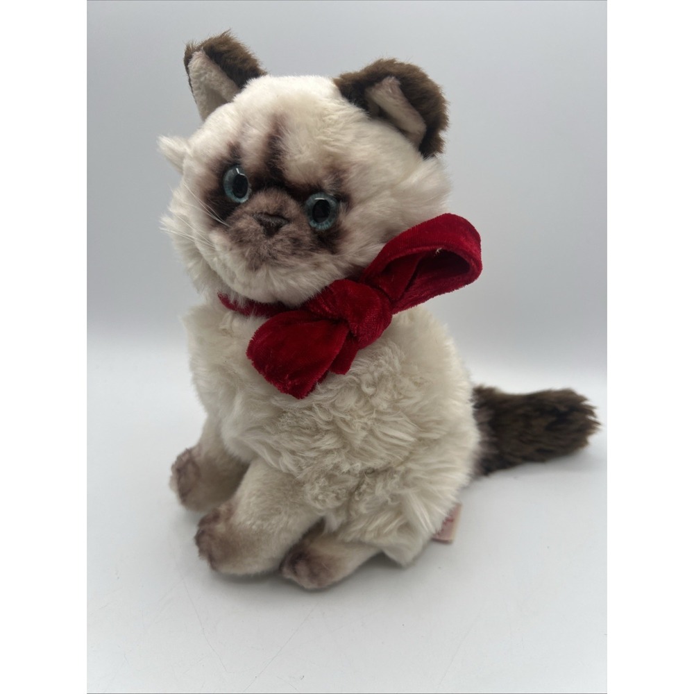 Russ Berrie Plush Cat Minx Siamese Blue Eye Red Velour Bow EUC Kitty 9"
